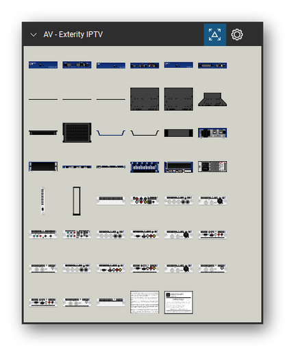 AV, Broadcast & Stage Lighting tool set for Bluebeam Revu, Exterity IPTV set - 45 views of 34 devices, front, rear and top: r9200, r9210, r9220, Secure Mounting Bracket, Secure Mounting Bracket Square, Secure Mounting Bracket Square2, Secure Mounting Bracket Square1, Secure Mounting Cage, Underdesk mounting bracket, c1101 and 24 more. Tool Chest in Symbol view.