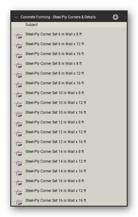 Steel ply corners and details in the Concrete Forming Takeoff & Estimating Bluebeam tool set (sheet 1 of 6)