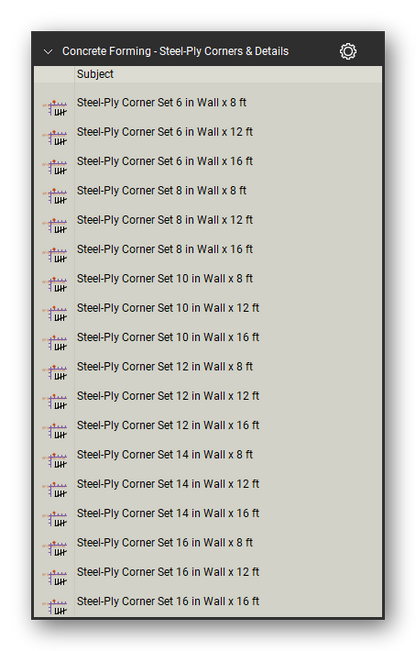 Steel ply corners and details in the Concrete Forming Takeoff & Estimating Bluebeam tool set (sheet 1 of 6)