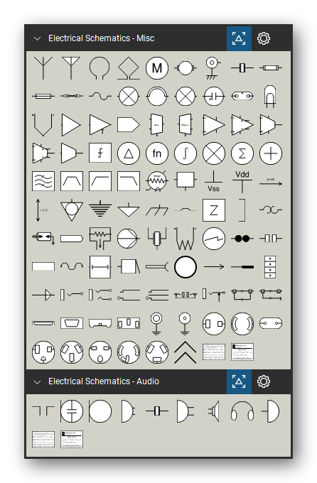 Electrical Schematics tool set for Bluebeam Revu, the Miscellaneous and Audio sets in the Tool Chest - 96 miscellaneous symbols (fuses, lamps, amplifiers, grounds, connectors) and 9 audio devices.
