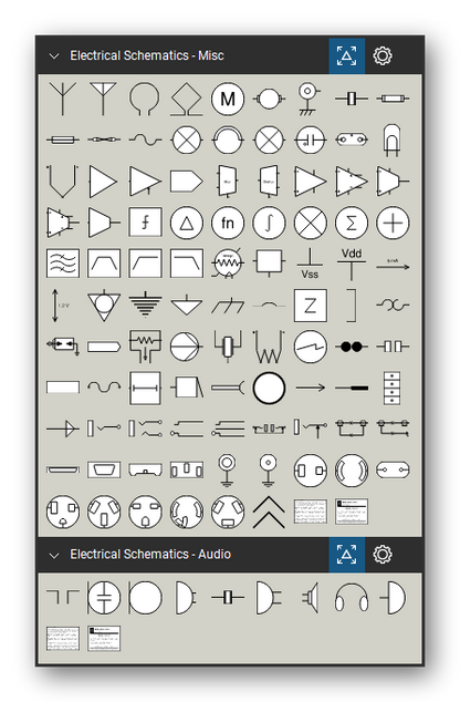 Electrical Schematics tool set for Bluebeam Revu, the Miscellaneous and Audio sets in the Tool Chest - 96 miscellaneous symbols (fuses, lamps, amplifiers, grounds, connectors) and 9 audio devices.