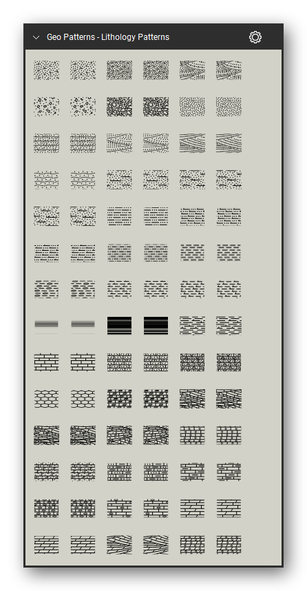 Geologic Hatch Patterns & Map Units tool set for Bluebeam Revu: Lithology Patterns set, tools 1-84 of 234 (601 to 644) - Gravel or conglomerate, Crossbedded gravel or conglomerate, Breccia, Massive sand or sandstone, Bedded sand or sandstone, Crossbedded sand or sandstone, Ripple-bedded sand or sandstone, Argillaceous or shaly sandstone, Calcareous sandstone, Dolomitic sandstone, Silt, siltstone, or shaly silt, Calcareous siltstone and 26 more. Tool Chest in Symbol view.
