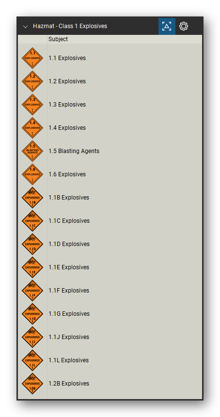 Hazmat Symbols tool set for Bluebeam Revu, Class 1 Explosives set (part 1 of 2) - 28 orange class 1 placards: the division placards 1.1, 1.2, 1.3, 1.4 and 1.6 Explosives and 1.5 Blasting Agents, and the explosives placards with a compatibility group letter, 1.1B to 1.1L, 1.2B to 1.2L and 1.3C to 1.3L. Tool Chest in Detail view, one row per symbol with its class and full name.