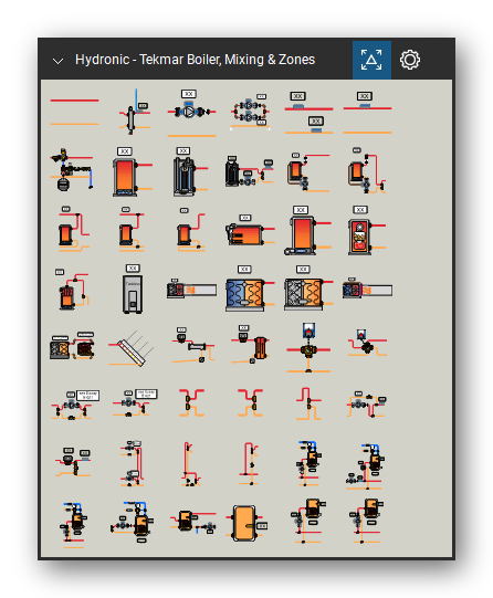 Hydronic Heating & Controls tool set for Bluebeam Revu, Tekmar Boiler, Mixing & Zones set (tools 1-48 of 83) - 48 tools: Piping, Low Loss Header, Pump, Parallel Pumps, Supply & Return Sensor, Sensor, Make-up Water, Boiler, Mod/Con Boiler, Mod/Con Boil (Isolated) and 38 more. Tool Chest in Symbol view.