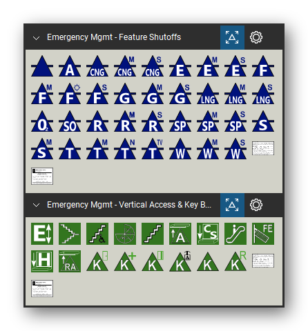Incident & Emergency Management tool set for Bluebeam Revu, the Feature Shutoffs and Vertical Access & Key Boxes sets in the Tool Chest - Feature Shutoffs (35 tools) and Vertical Access & Key Boxes (17 tools).