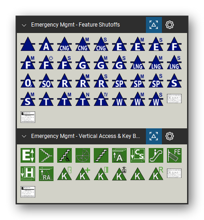 Incident & Emergency Management tool set for Bluebeam Revu, the Feature Shutoffs and Vertical Access & Key Boxes sets in the Tool Chest - Feature Shutoffs (35 tools) and Vertical Access & Key Boxes (17 tools).