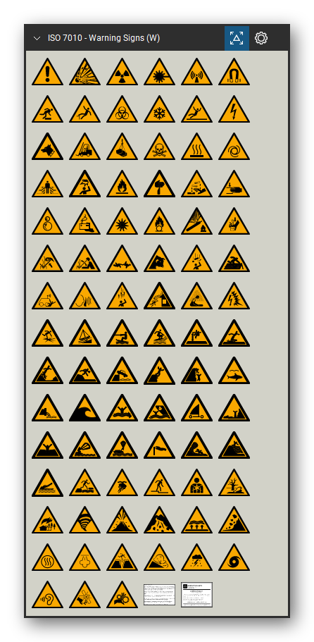 ISO 7010 Safety Signs tool set for Bluebeam Revu, Warning Signs (W) set - 87 yellow warning signs: general warning, explosive, radioactive, laser beam, magnetic field, floor-level obstacle, drop, biological hazard, slippery surface, electricity, forklift trucks, overhead load, toxic, hot surface, crushing, flammable, corrosive, battery charging, pressurized cylinder, arc flash, falling objects, fragile roof, and natural hazard and water safety warnings. Tool Chest in Symbol view.