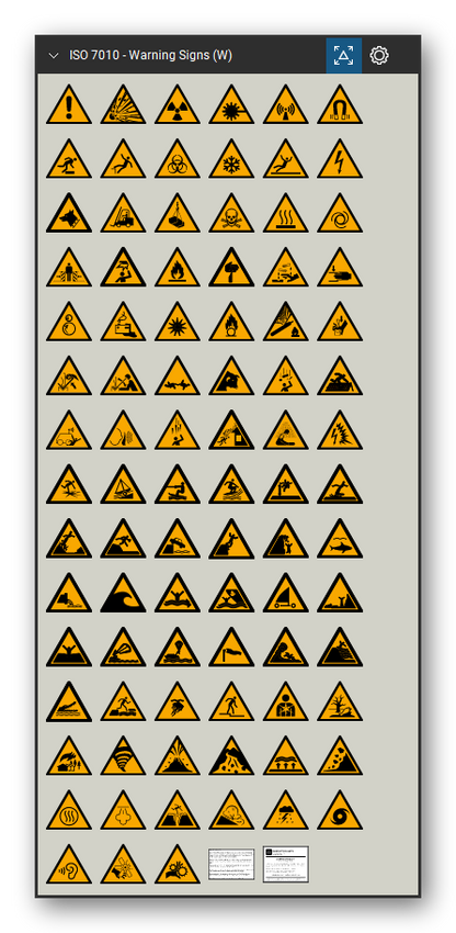 ISO 7010 Safety Signs tool set for Bluebeam Revu, Warning Signs (W) set - 87 yellow warning signs: general warning, explosive, radioactive, laser beam, magnetic field, floor-level obstacle, drop, biological hazard, slippery surface, electricity, forklift trucks, overhead load, toxic, hot surface, crushing, flammable, corrosive, battery charging, pressurized cylinder, arc flash, falling objects, fragile roof, and natural hazard and water safety warnings. Tool Chest in Symbol view.
