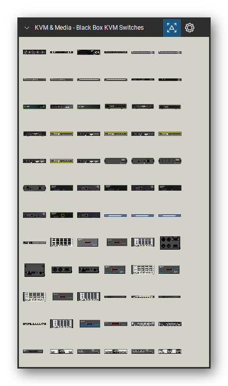 KVM, Console Servers & Media Converters tool set for Bluebeam Revu, Black Box KVM Switches set (tools 1-72 of 154) - 72 views of 44 devices, front and rear: EMS10G12, EMS1G24F, EMS0G12, EMS1G48, EMX1-48, EMS10G28, EMX10-28, EMS100G32, EMX100-32, Boxilla and 34 more. Tool Chest in Symbol view.
