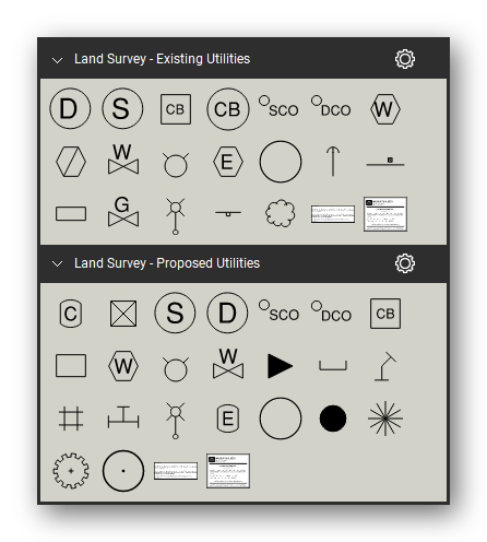 Land Survey tool set for Bluebeam Revu, the Existing Utilities and Proposed Utilities sets in the Tool Chest - 19 existing utilities and 23 proposed utilities. Tool Chest in Symbol view.
