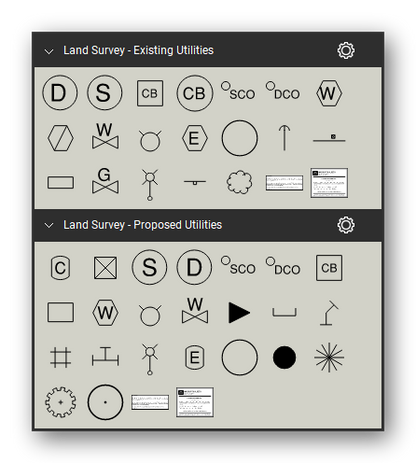 Land Survey tool set for Bluebeam Revu, the Existing Utilities and Proposed Utilities sets in the Tool Chest - 19 existing utilities and 23 proposed utilities. Tool Chest in Symbol view.