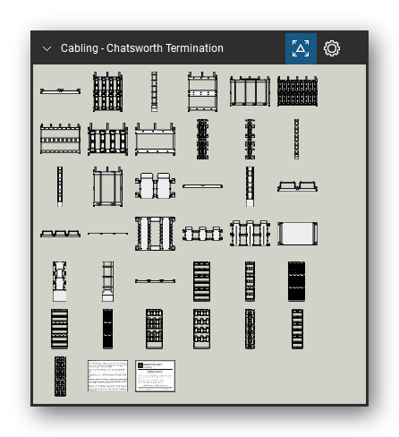 Patch Panels, Fiber & Outlets tool set for Bluebeam Revu, Chatsworth Termination set - 37 tools: 11771-X23, 11177-X91, 13412-X01, 11177-X01, 11424-X01, 11188-X91, 11188-X01, 13430-X91, 13430-X01, 11453-X30 and 27 more. Tool Chest in Symbol view.