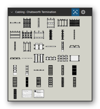 Patch Panels, Fiber & Outlets tool set for Bluebeam Revu, Chatsworth Termination set - 37 tools: 11771-X23, 11177-X91, 13412-X01, 11177-X01, 11424-X01, 11188-X91, 11188-X01, 13430-X91, 13430-X01, 11453-X30 and 27 more. Tool Chest in Symbol view.