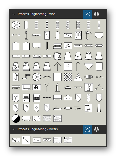 Process Engineering tool set for Bluebeam Revu, the Miscellaneous Equipment and Mixers sets in the Tool Chest - 84 pieces of process equipment (columns, cooling towers, conveyors, boilers) and 4 mixers.