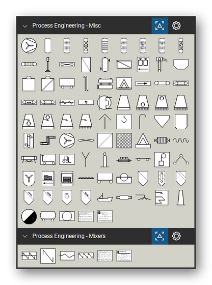 Process Engineering tool set for Bluebeam Revu, the Miscellaneous Equipment and Mixers sets in the Tool Chest - 84 pieces of process equipment (columns, cooling towers, conveyors, boilers) and 4 mixers.