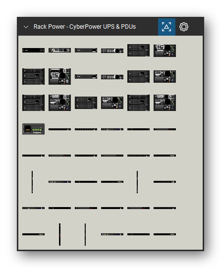 Rack Power tool set for Bluebeam Revu, CyberPower UPS & PDUs set (tools 1-48 of 230) - 48 views of 30 devices, front and rear: BP144VL2U01, OL5KRTHD, OL6KRT, OL6KRTF, OL6KRTHD, OL8KRT, OL8KRTF, OL10KRT, OL10KRTF, ENVIROSENSOR and 20 more. Tool Chest in Symbol view.