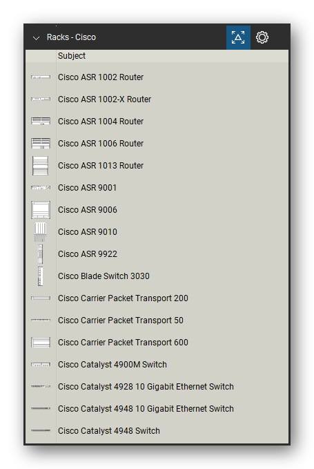 Racks tool set for Bluebeam Revu, Cisco set (part 2 of 6) - 101 Cisco devices: integrated services routers, 7600 and ASR routers, Catalyst and Nexus switches, ONS platforms, UCS servers and fabric interconnects, WAE and WAVE appliances and security appliances. Tool Chest in Detail view, one row per tool with its name.