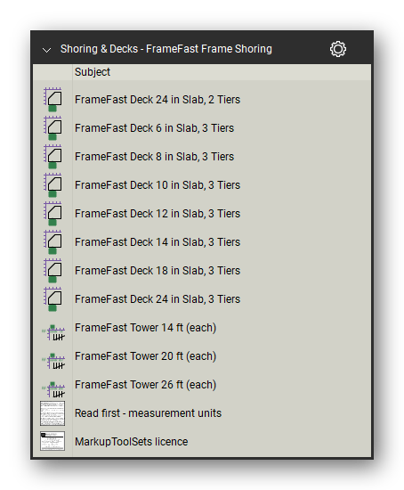 Framefast frame symbols in the Shoring & Elevated Decks Takeoff & Estimating Bluebeam tool set (sheet 2 of 2)