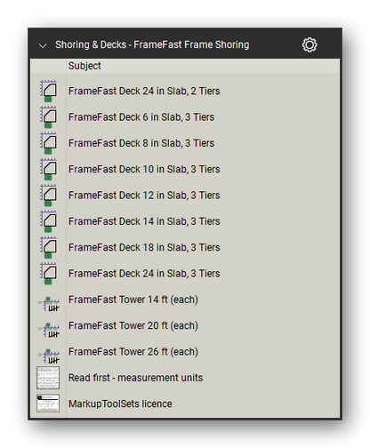 Framefast frame symbols in the Shoring & Elevated Decks Takeoff & Estimating Bluebeam tool set (sheet 2 of 2)