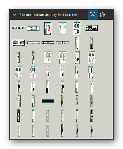 Telecom, Voice & Wireless tool set for Bluebeam Revu, Adtran Units by Part Number set (tools 1-48 of 320) - 48 views of 45 devices, front and rear: Adtran 1175001L1, Adtran 1175006L1, Adtran 1175006L2, Adtran 1175012L1, Adtran 1175043L1, Adtran 1175044L1, Adtran 1175201L1, Adtran 1175407L1, Adtran 1175408L1, Adtran 1180003L1 and 35 more. Tool Chest in Symbol view.