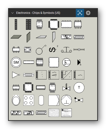 Automation & Electronics tool set for Bluebeam Revu, Chips & Symbols (US) set - 45 tools: 66 block, 110 block, 555 - MSOP8, ICL7106 - (QFP-44), LM394 - DIP8, MAX481 - SO8, Circuit Board Blank, Flat, Circuit Board Blank, Upright, 3D board 1, 3D board 2 and 35 more. Tool Chest in Symbol view.