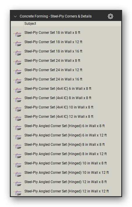 Steel ply corners and details in the Concrete Forming Takeoff & Estimating Bluebeam tool set (sheet 2 of 6)