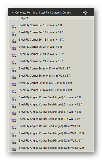 Steel ply corners and details in the Concrete Forming Takeoff & Estimating Bluebeam tool set (sheet 2 of 6)