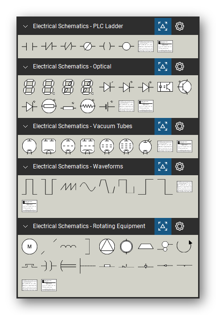 Electrical Schematics tool set for Bluebeam Revu, the PLC Ladder, Optical, Vacuum Tubes, Waveforms and Rotating Equipment sets in the Tool Chest - 6 PLC ladder symbols, 14 optical devices, 7 vacuum tubes, 8 waveforms and 18 rotating equipment and mechanical function symbols.