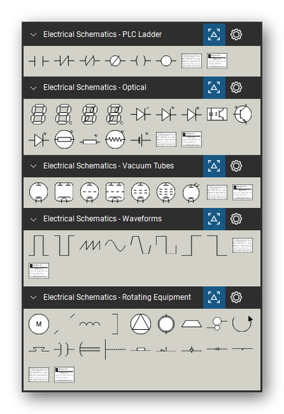 Electrical Schematics tool set for Bluebeam Revu, the PLC Ladder, Optical, Vacuum Tubes, Waveforms and Rotating Equipment sets in the Tool Chest - 6 PLC ladder symbols, 14 optical devices, 7 vacuum tubes, 8 waveforms and 18 rotating equipment and mechanical function symbols.