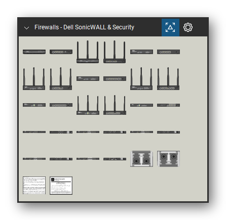 Firewalls & Security Appliances tool set for Bluebeam Revu, Dell SonicWALL & Security set - 30 views of 16 devices, front and rear: SOHO, SOHO W, TZ300, TZ300 W, TZ400, TZ400 W, TZ500, TZ500 W, TZ600, NSA 2600 and 6 more. Tool Chest in Symbol view.