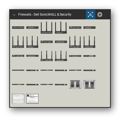 Firewalls & Security Appliances tool set for Bluebeam Revu, Dell SonicWALL & Security set - 30 views of 16 devices, front and rear: SOHO, SOHO W, TZ300, TZ300 W, TZ400, TZ400 W, TZ500, TZ500 W, TZ600, NSA 2600 and 6 more. Tool Chest in Symbol view.