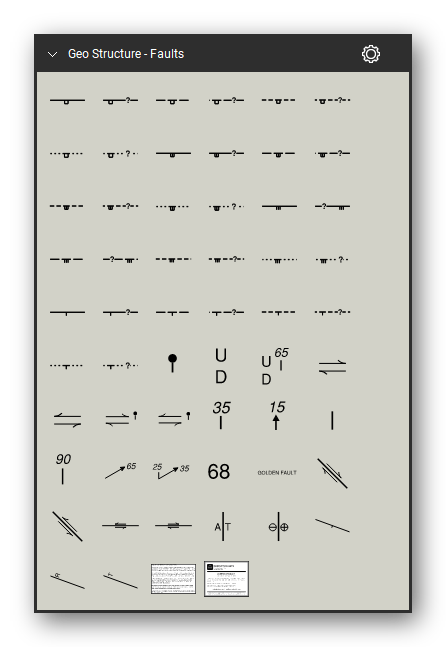 Geologic Structure & Mapping tool set for Bluebeam Revu: Faults set, tools 145-200 of 200 (2.10.9 to 2.11.24) - Detachment fault, Master detachment fault, Listric fault at head of detachment fault, Fault showing local normal offset, Fault showing local reverse offset, Fault showing local right-lateral strike-slip offset, Fault showing local left-lateral strike-slip offset and 15 more. Tool Chest in Symbol view.