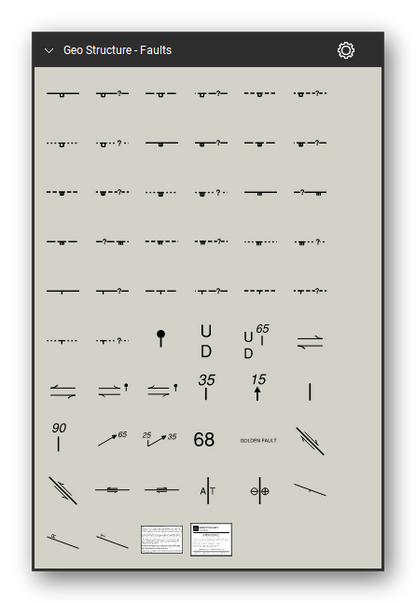 Geologic Structure & Mapping tool set for Bluebeam Revu: Faults set, tools 145-200 of 200 (2.10.9 to 2.11.24) - Detachment fault, Master detachment fault, Listric fault at head of detachment fault, Fault showing local normal offset, Fault showing local reverse offset, Fault showing local right-lateral strike-slip offset, Fault showing local left-lateral strike-slip offset and 15 more. Tool Chest in Symbol view.