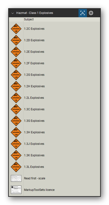 Hazmat Symbols tool set for Bluebeam Revu, Class 1 Explosives set (part 2 of 2) - 28 orange class 1 placards: the division placards 1.1, 1.2, 1.3, 1.4 and 1.6 Explosives and 1.5 Blasting Agents, and the explosives placards with a compatibility group letter, 1.1B to 1.1L, 1.2B to 1.2L and 1.3C to 1.3L. Tool Chest in Detail view, one row per symbol with its class and full name.