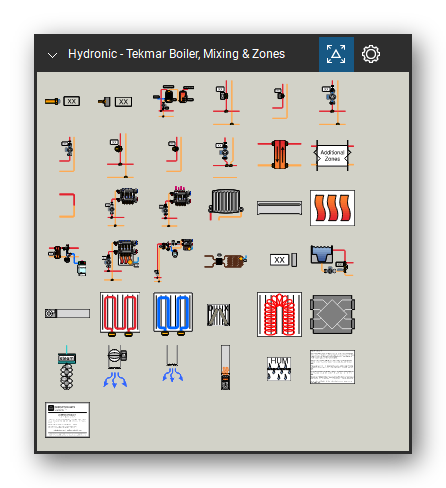 Hydronic Heating & Controls tool set for Bluebeam Revu, Tekmar Boiler, Mixing & Zones set (tools 49-83 of 83) - 35 tools: DHW Sensor w/ Well, Aquastat, Pre-heat DHW Tanks, Zone Valve 1, Zone Valve 2, Zone Pump 1, Zone Pump 2, Thermostatic Zone, Thermostatic 2, Pri/Sec Pump and 25 more. Tool Chest in Symbol view.