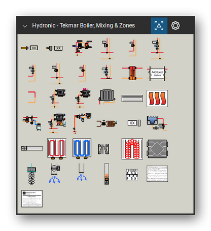 Hydronic Heating & Controls tool set for Bluebeam Revu, Tekmar Boiler, Mixing & Zones set (tools 49-83 of 83) - 35 tools: DHW Sensor w/ Well, Aquastat, Pre-heat DHW Tanks, Zone Valve 1, Zone Valve 2, Zone Pump 1, Zone Pump 2, Thermostatic Zone, Thermostatic 2, Pri/Sec Pump and 25 more. Tool Chest in Symbol view.
