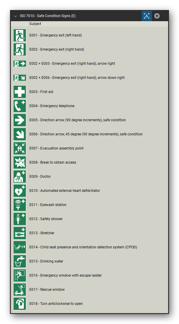 ISO 7010 Safety Signs tool set for Bluebeam Revu, Safe Condition Signs (E) set (part 1 of 4) - 77 green safe condition signs: emergency exit left and right hand, emergency exit with direction arrow, direction arrows, evacuation assembly point, first aid, emergency telephone, defibrillator, eyewash station, safety shower, stretcher, emergency exits for people unable to walk, refuges, doors that open by pushing and more. Tool Chest in Detail view, one row per sign with its number and full name.