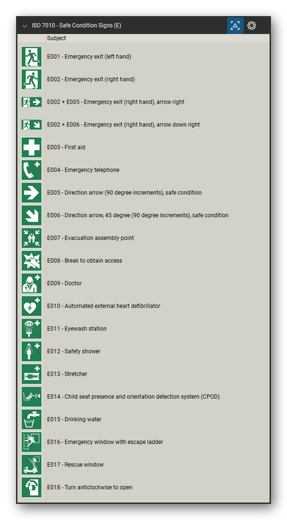 ISO 7010 Safety Signs tool set for Bluebeam Revu, Safe Condition Signs (E) set (part 1 of 4) - 77 green safe condition signs: emergency exit left and right hand, emergency exit with direction arrow, direction arrows, evacuation assembly point, first aid, emergency telephone, defibrillator, eyewash station, safety shower, stretcher, emergency exits for people unable to walk, refuges, doors that open by pushing and more. Tool Chest in Detail view, one row per sign with its number and full name.