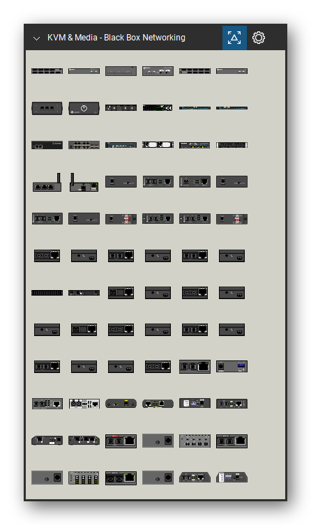 KVM, Console Servers & Media Converters tool set for Bluebeam Revu, Black Box Networking set (tools 1-72 of 213) - 72 views of 41 devices, front and rear: TL160A, TL601A-R2, TL158A-R4, SWJ-100A, EMS10G12, ET0100A, ET1000A, LES1608A, LES1608A (B), ET10000A and 31 more. Tool Chest in Symbol view.