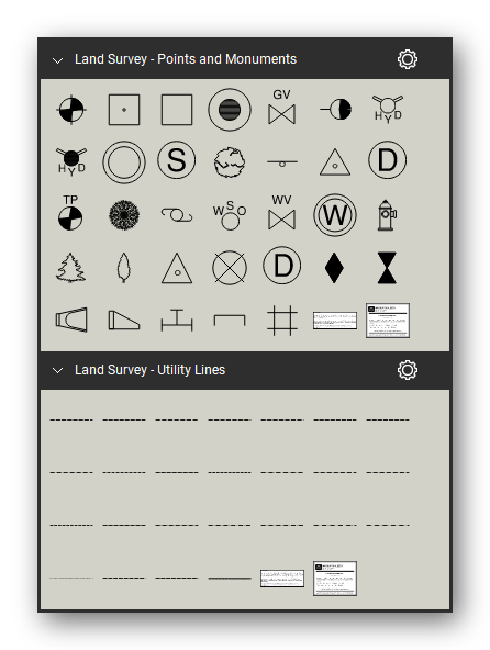 Land Survey tool set for Bluebeam Revu, the Points and Monuments and Utility Lines sets in the Tool Chest - 33 points and monuments and 25 lettered utility lines. Tool Chest in Symbol view.