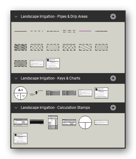 Landscape Irrigation tool set for Bluebeam Revu, the Pipes & Drip Areas, Keys & Charts and Calculation Stamps sets in the Tool Chest - 6 pipe lines and 7 dripline areas, 4 keys and charts and 5 calculation stamps. Tool Chest in Symbol view.