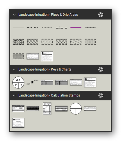 Landscape Irrigation tool set for Bluebeam Revu, the Pipes & Drip Areas, Keys & Charts and Calculation Stamps sets in the Tool Chest - 6 pipe lines and 7 dripline areas, 4 keys and charts and 5 calculation stamps. Tool Chest in Symbol view.