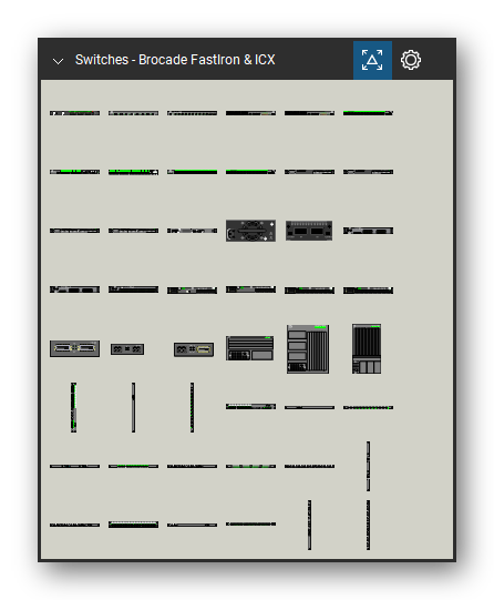 Network Switches & Routers tool set for Bluebeam Revu, Brocade FastIron & ICX set (tools 1-48 of 178) - 48 tools: BR-6910-EAS-AC, EI8X10G, EI10GC2F, EI24G, EI24GS, EI48G, EI2402CF, EI4802CF, EI4802F, EI48GS and 38 more. Tool Chest in Symbol view.