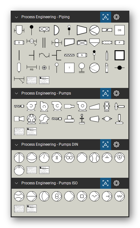 Process Engineering tool set for Bluebeam Revu, the Piping, Pumps, Pumps (DIN) and Pumps (ISO) sets in the Tool Chest - 37 piping symbols (strainers, reducers, flanges, blinds), 18 pumps, 10 pumps in the DIN style and 9 pumps in the ISO style.