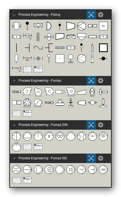 Process Engineering tool set for Bluebeam Revu, the Piping, Pumps, Pumps (DIN) and Pumps (ISO) sets in the Tool Chest - 37 piping symbols (strainers, reducers, flanges, blinds), 18 pumps, 10 pumps in the DIN style and 9 pumps in the ISO style.