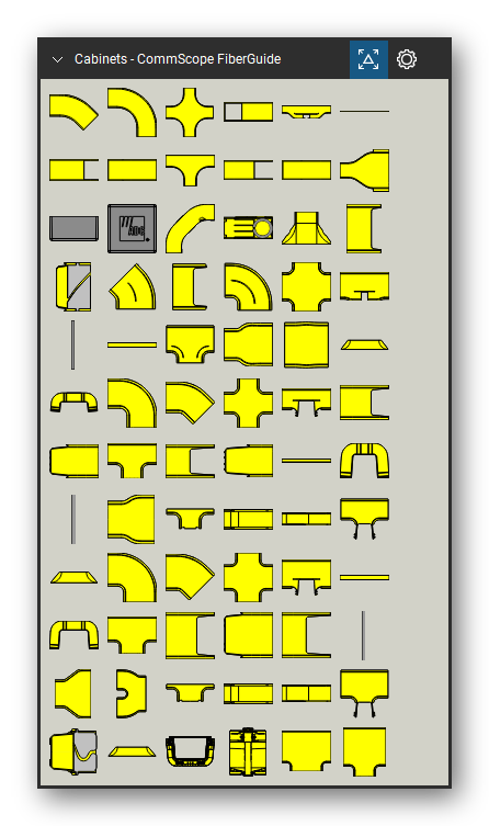 Racks, Cabinets & Cable Pathways tool set for Bluebeam Revu, CommScope FiberGuide set (tools 1-72 of 139) - 72 views of 70 devices, front, side and top: FGS-MH4A-C, FGS-MH9A-C, FGS-MHXP-C, FGS-MDSP-C, FGS-MSDS-C, FGS-MSHA-C, FGS-MD4A-C, FGS-MU4A-C, FGS-MHTA-C, FGS-MD9A-C and 60 more. Tool Chest in Symbol view.