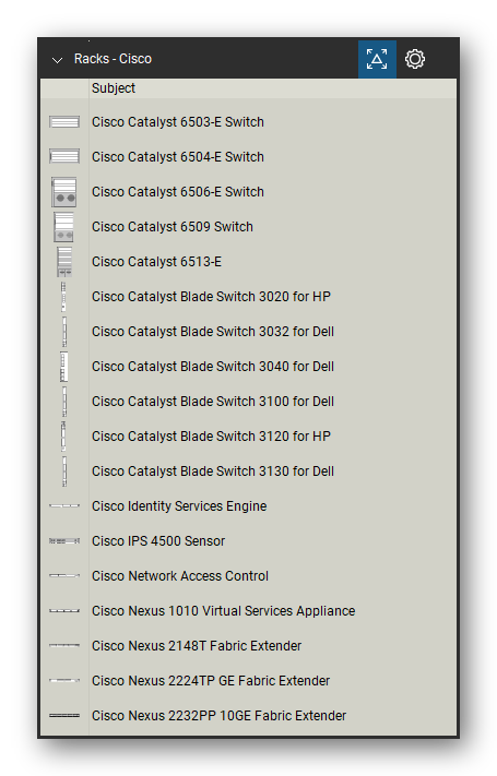 Racks tool set for Bluebeam Revu, Cisco set (part 3 of 6) - 101 Cisco devices: integrated services routers, 7600 and ASR routers, Catalyst and Nexus switches, ONS platforms, UCS servers and fabric interconnects, WAE and WAVE appliances and security appliances. Tool Chest in Detail view, one row per tool with its name.
