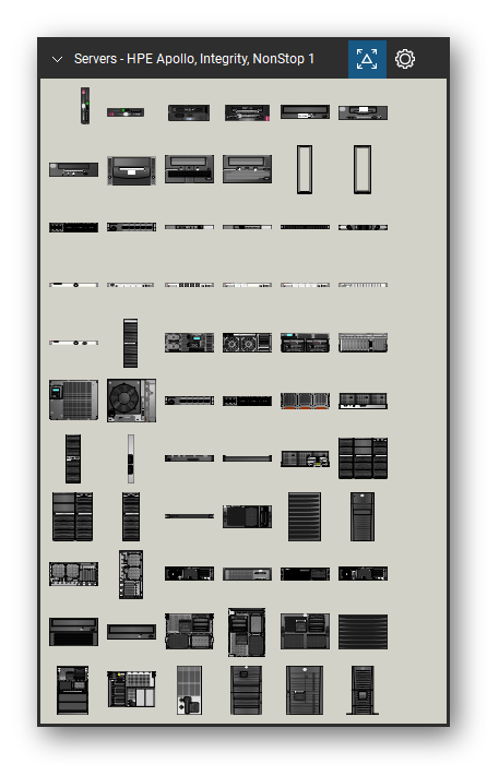 Servers tool set for Bluebeam Revu, HPE Apollo, Integrity, NonStop 1 set (tools 1-66 of 233) - 66 views of 52 devices, front and rear: Disk Vertical, Disk Horizontal, HotPlug AIT Combo Slot, HotPlug DAT Combo Slot, CDRom Drive, 20/40/72 DAT 5.25, 35/50/100 AIT 5.25, DLT, 160/320 SDLT, 110/220 SDLT and 42 more. Tool Chest in Symbol view.