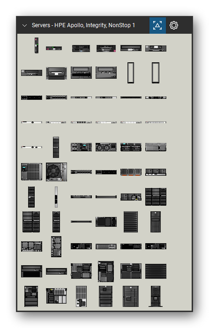 Servers tool set for Bluebeam Revu, HPE Apollo, Integrity, NonStop 1 set (tools 1-66 of 233) - 66 views of 52 devices, front and rear: Disk Vertical, Disk Horizontal, HotPlug AIT Combo Slot, HotPlug DAT Combo Slot, CDRom Drive, 20/40/72 DAT 5.25, 35/50/100 AIT 5.25, DLT, 160/320 SDLT, 110/220 SDLT and 42 more. Tool Chest in Symbol view.