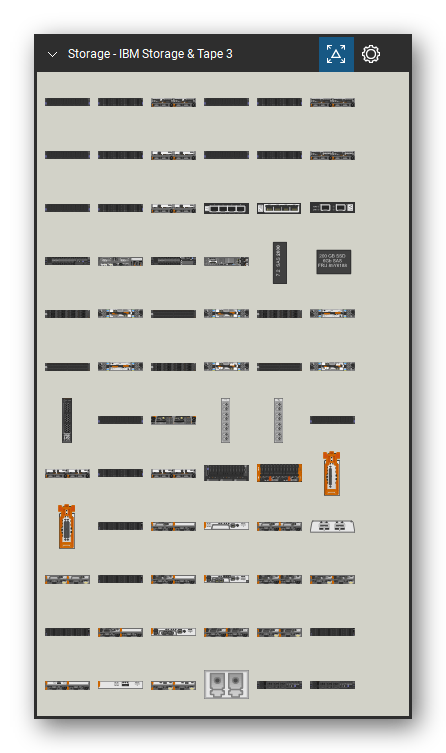 Storage & Backup tool set for Bluebeam Revu, IBM Storage & Tape 3 set (tools 1-72 of 219) - 72 views of 59 devices, front and rear: V3500 SFF, V3500 LFF, V3500, V3700 SFF, V3700 LFF, V3700, V3700 SFF Exp., V3700 LFF Exp., V3700 Exp., V5000 SFF and 49 more. Tool Chest in Symbol view.